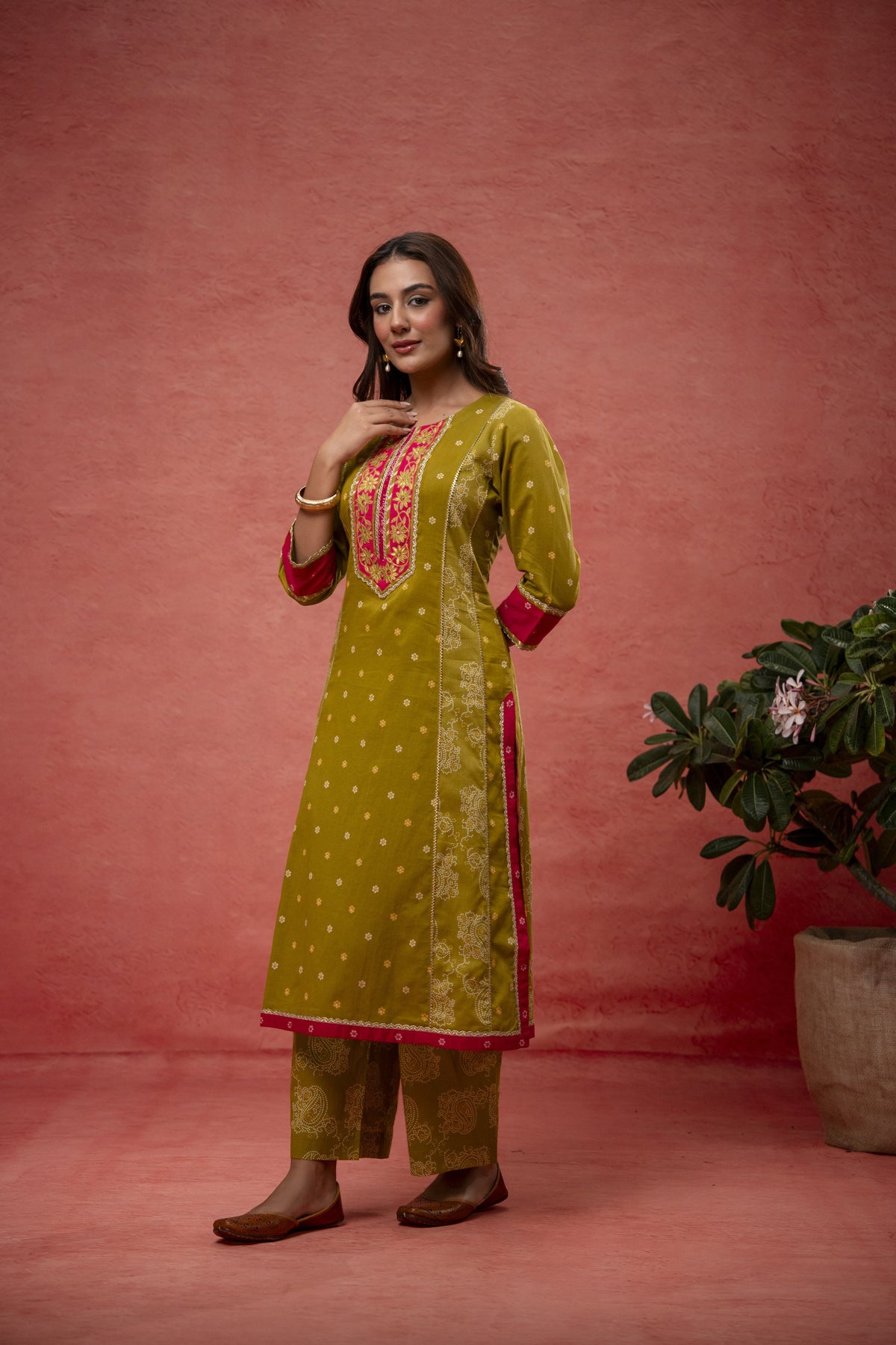 Green Cotton Suit Set with Gota Aari Work & Laces