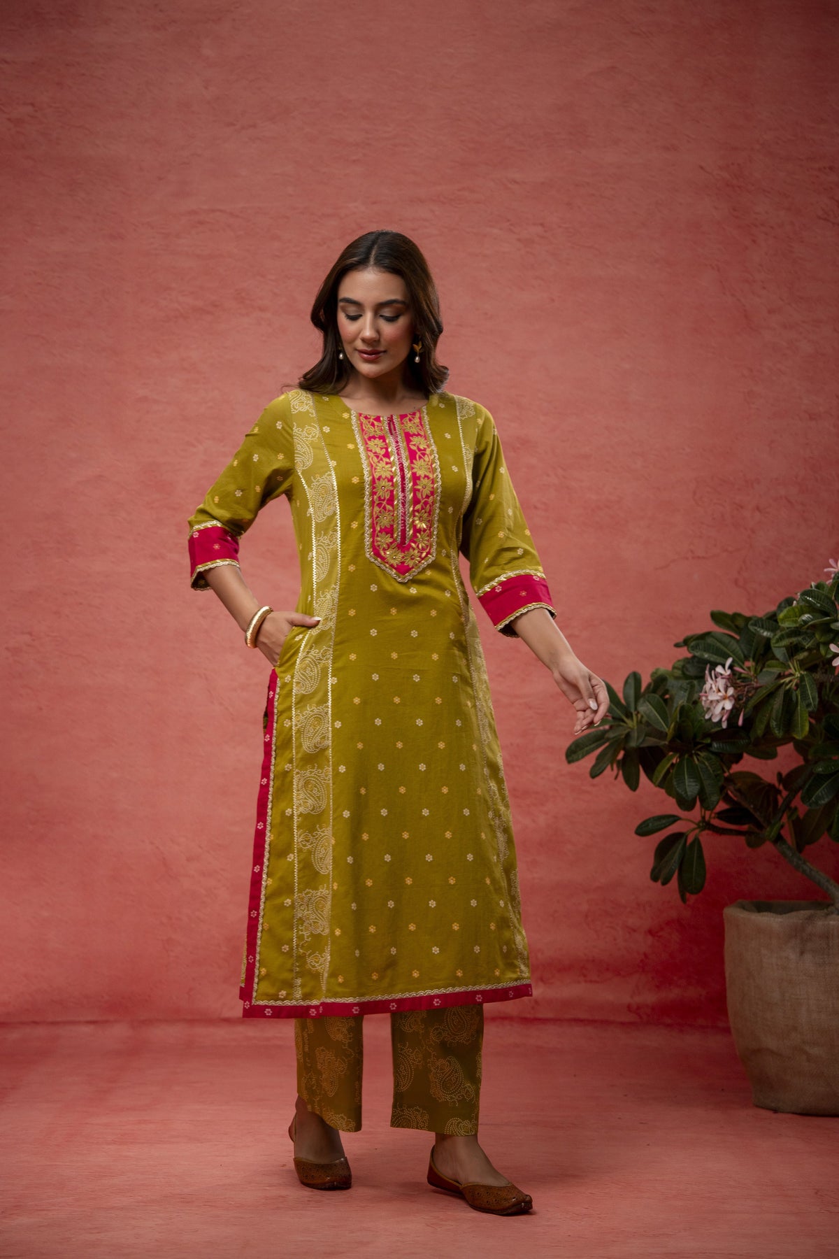 Green Cotton Suit Set with Gota Aari Work & Laces