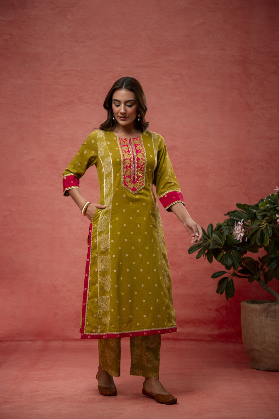 Green Cotton Suit Set with Gota Aari Work & Laces