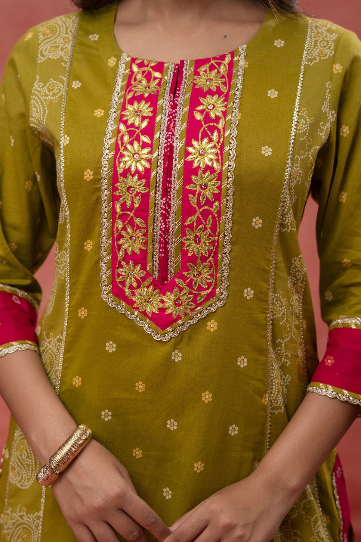 Green Cotton Suit Set with Gota Aari Work & Laces
