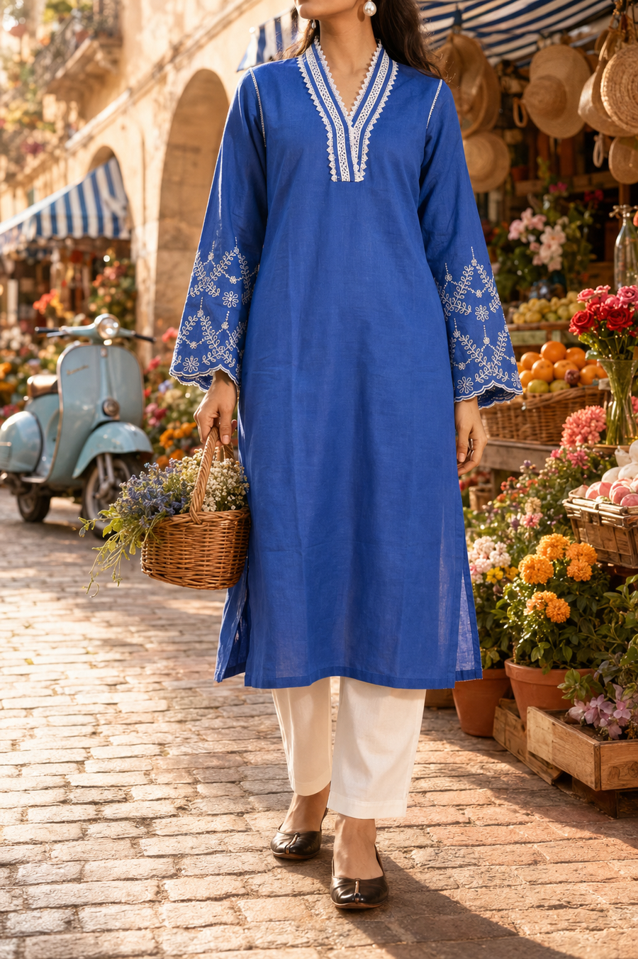 Blue Cotton Linen Kurta Set with Lace Work Neck and Cut Work Sleeves