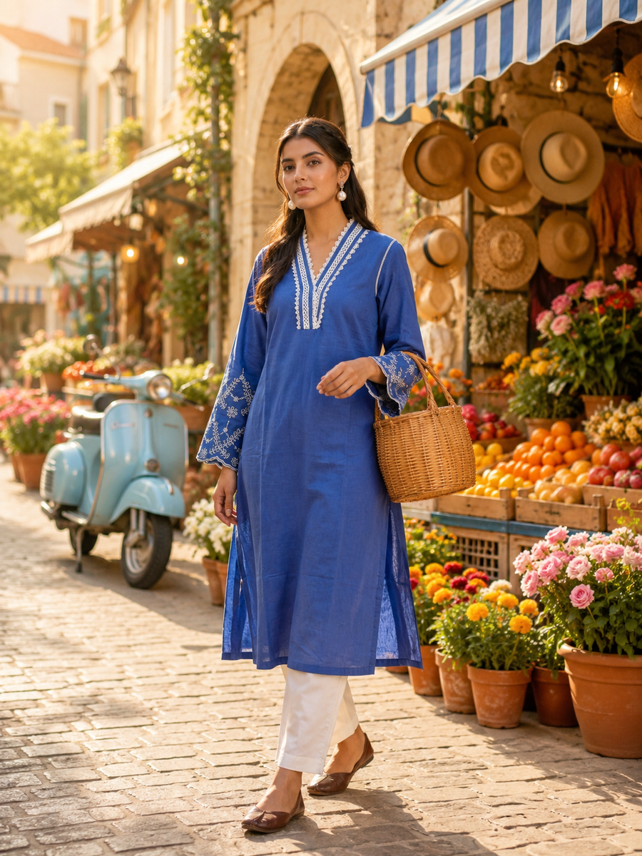 Blue Cotton Linen Kurta Set with Lace Work Neck and Cut Work Sleeves