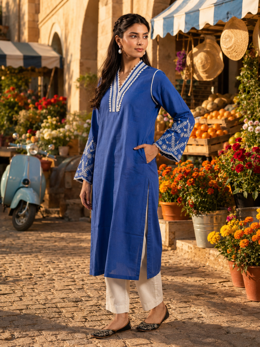 Blue Cotton Linen Kurta Set with Lace Work Neck and Cut Work Sleeves