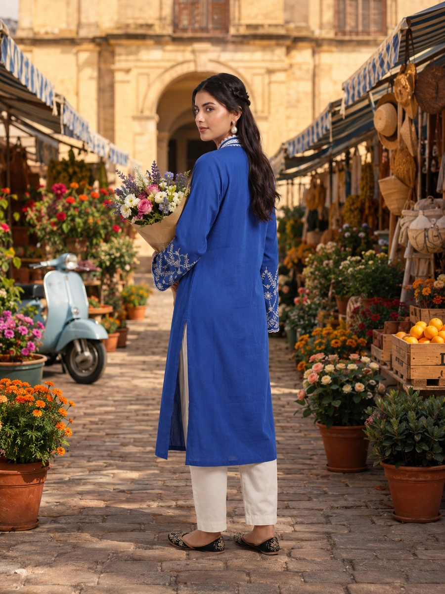 Blue Cotton Linen Kurta Set with Lace Work Neck and Cut Work Sleeves