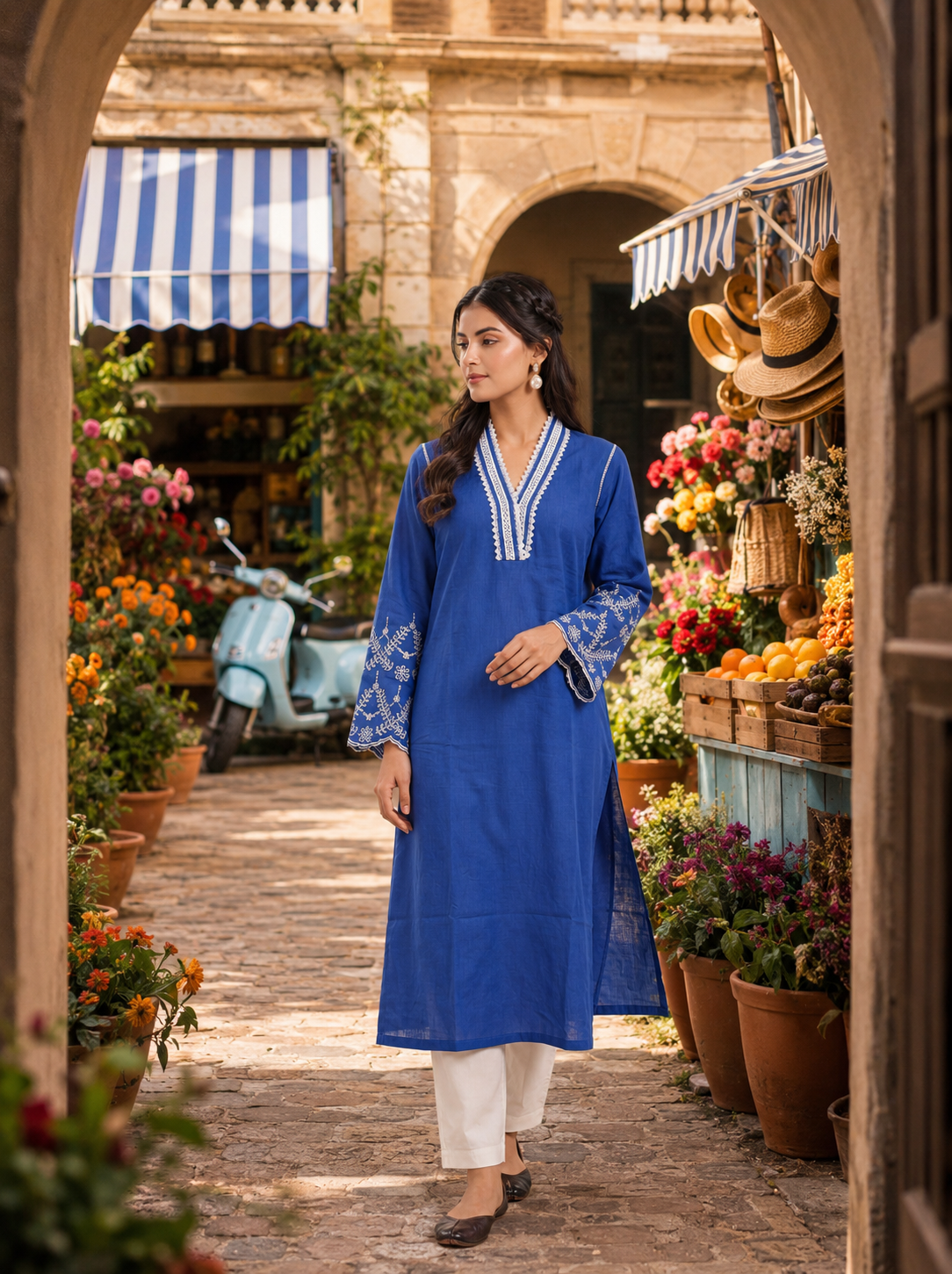 Blue Cotton Linen Kurta Set with Lace Work Neck and Cut Work Sleeves