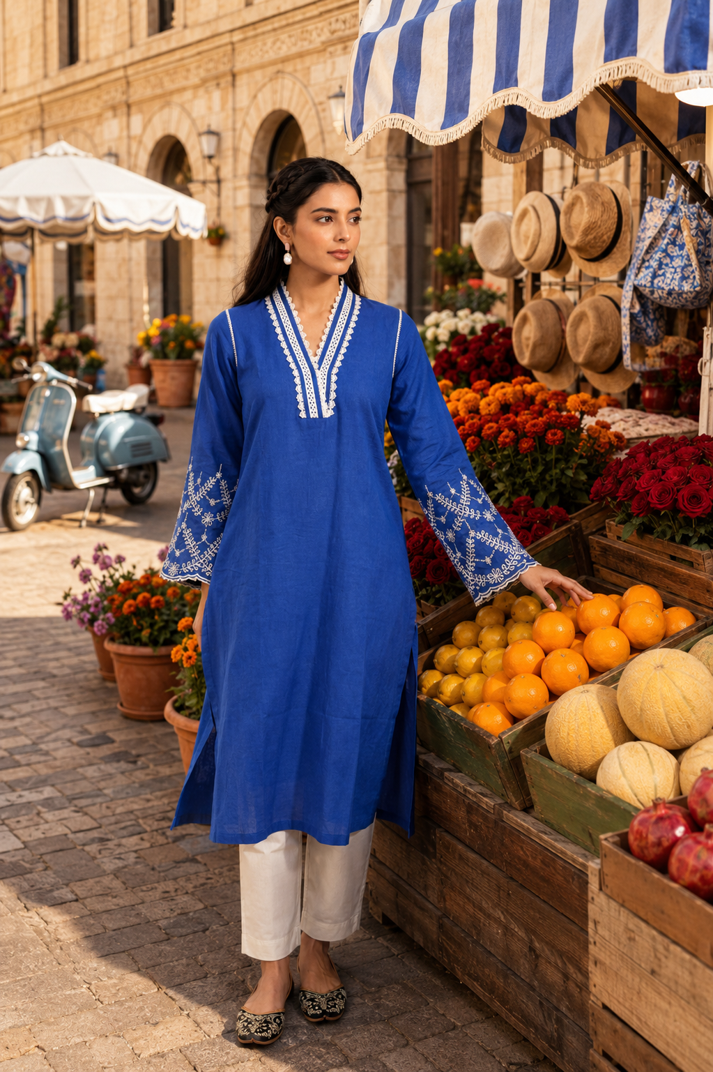 Blue Cotton Linen Kurta Set with Lace Work Neck and Cut Work Sleeves