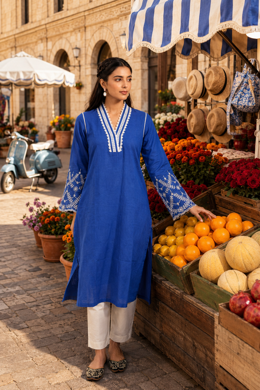 Blue Cotton Linen Kurta Set with Lace Work Neck and Cut Work Sleeves