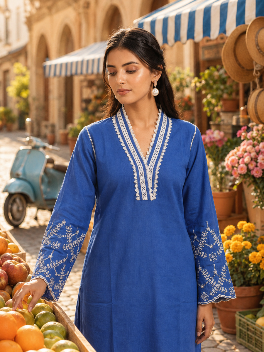Blue Cotton Linen Kurta Set with Lace Work Neck and Cut Work Sleeves