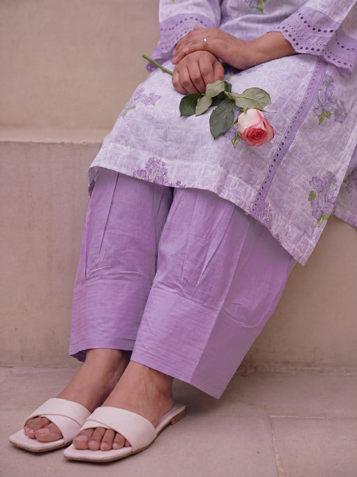 Purple Block Printed Shifli Cotton Kurta with Farshi Salwar