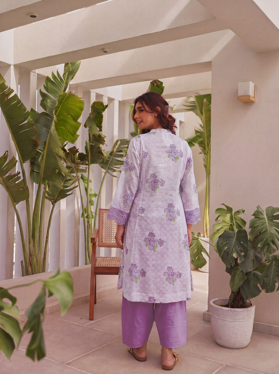 Purple Block Printed Shifli Cotton Kurta with Farshi Salwar