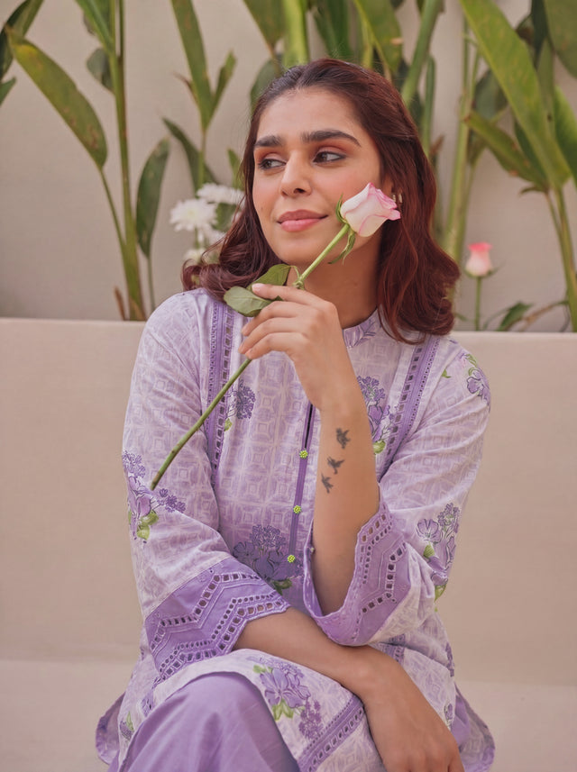 Purple Block Printed Shifli Cotton Kurta with Farshi Salwar