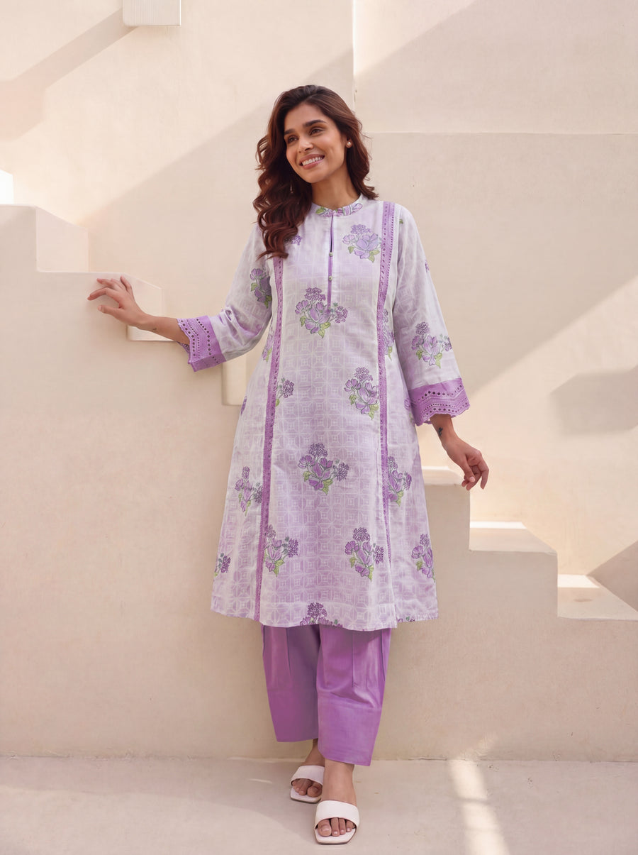 Purple Block Printed Shifli Cotton Kurta with Farshi Salwar