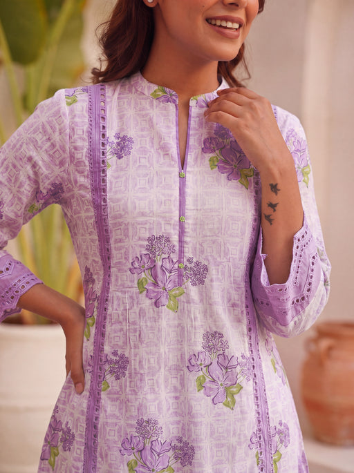 Purple Block Printed Shifli Cotton Kurta with Farshi Salwar