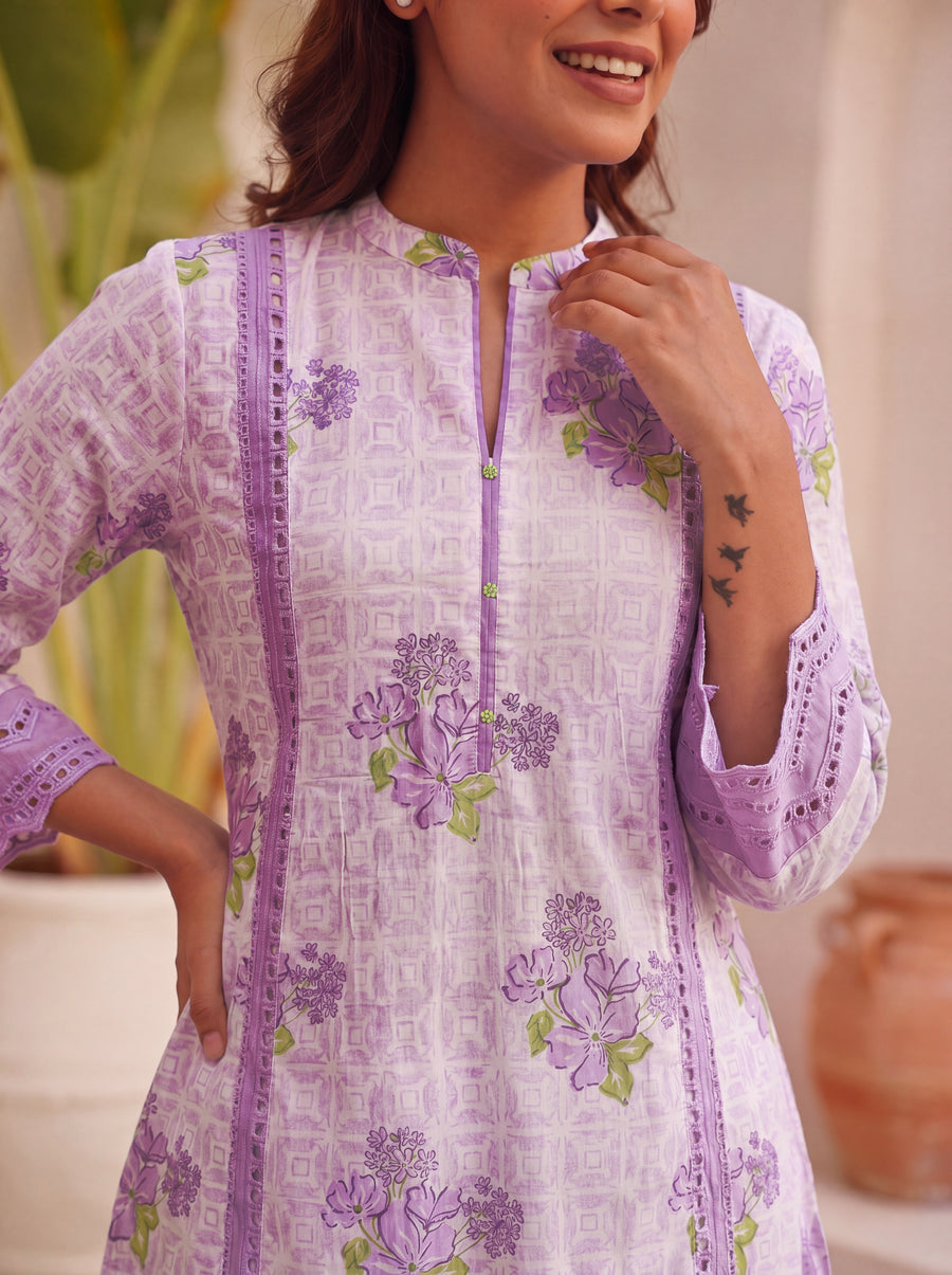 Purple Block Printed Shifli Cotton Kurta with Farshi Salwar