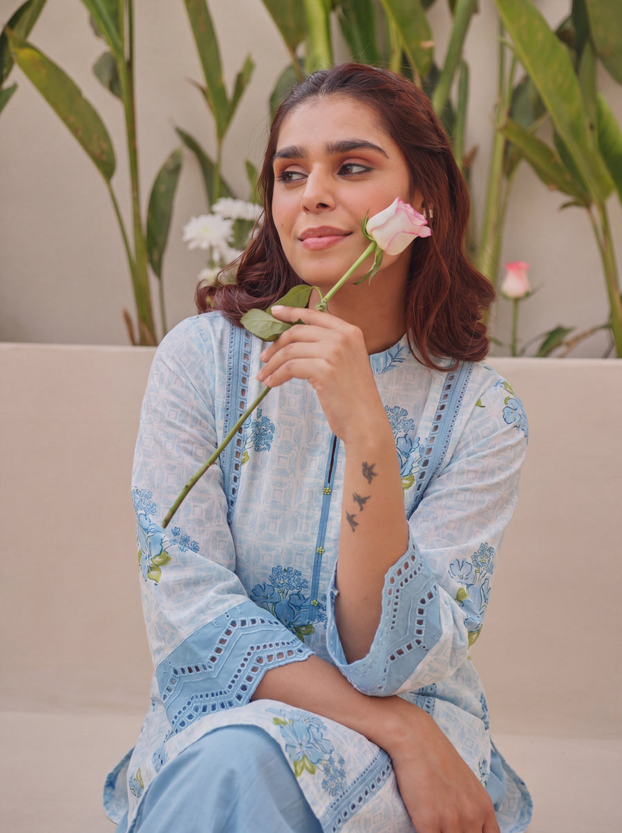 Blue Block Printed Shifli Cotton Kurta with Farshi Salwar