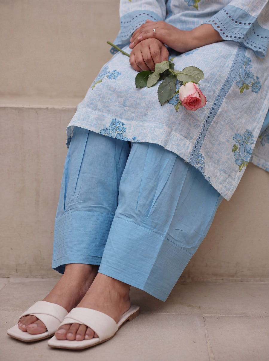 Blue Block Printed Shifli Cotton Kurta with Farshi Salwar