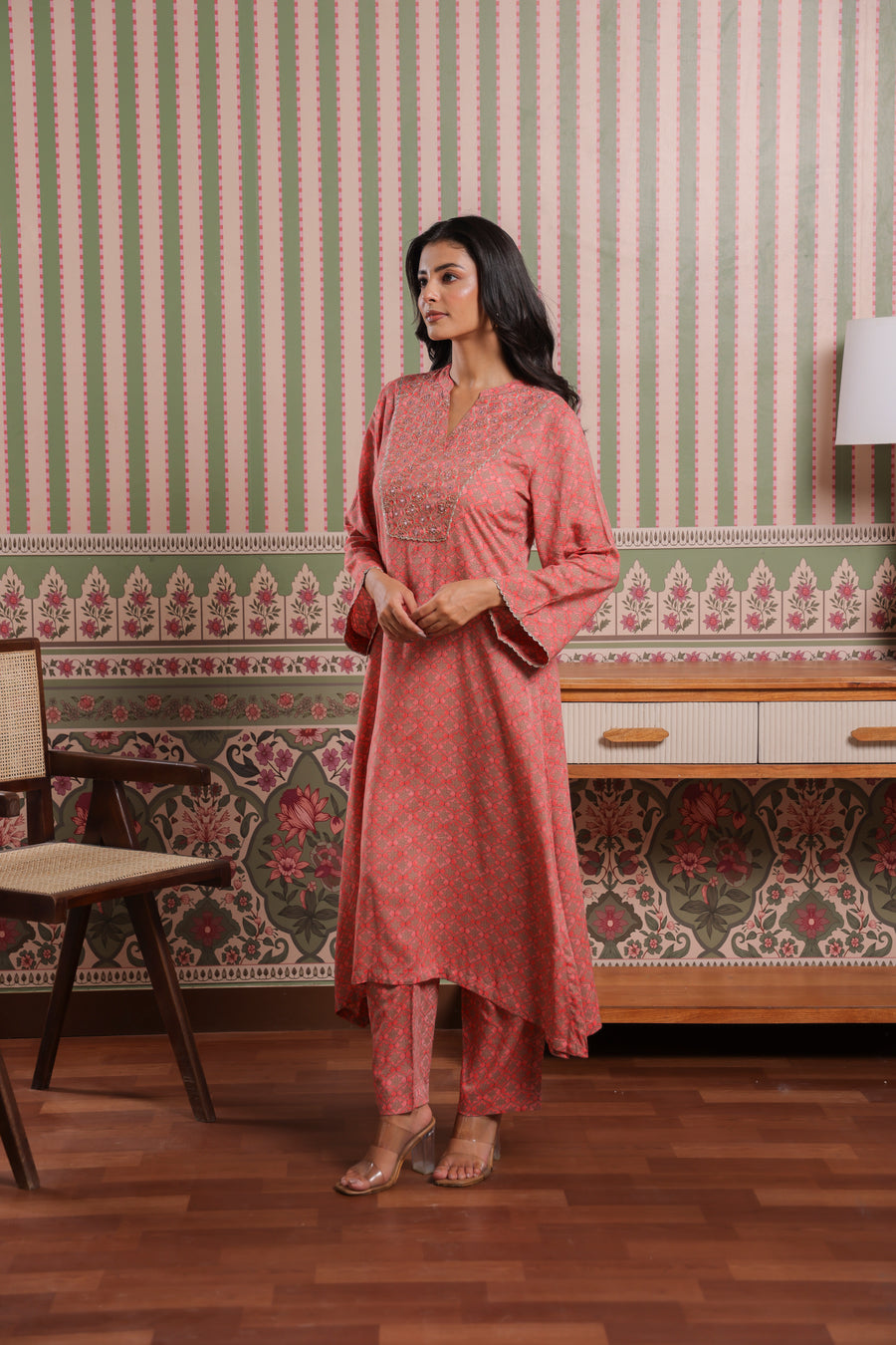 Coral Pink Modal Co-Ord Set with Zari Embroidered Yoke