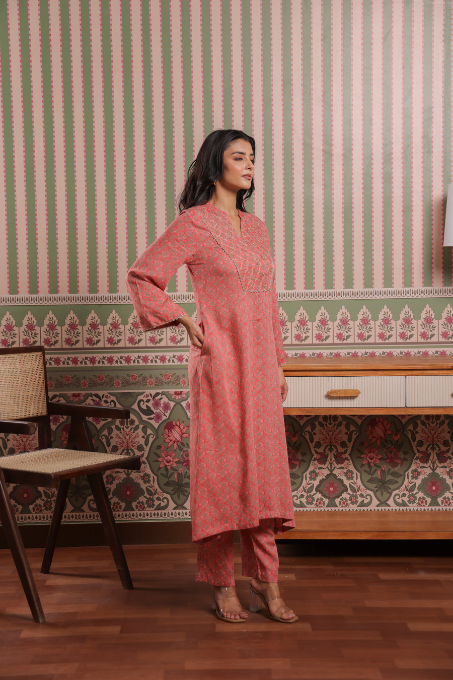Coral Pink Modal Co-Ord Set with Zari Embroidered Yoke