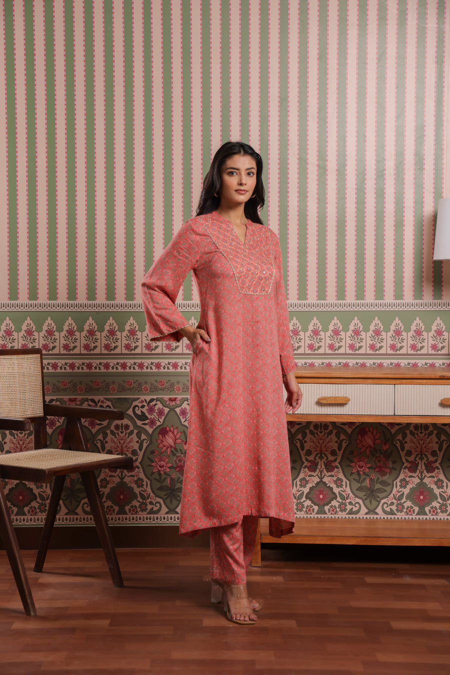 Coral Pink Modal Co-Ord Set with Zari Embroidered Yoke