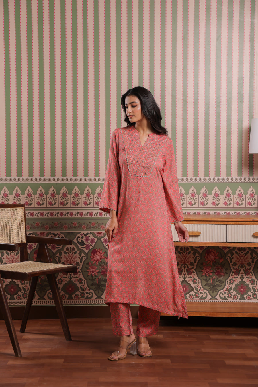 Coral Pink Modal Co-Ord Set with Zari Embroidered Yoke