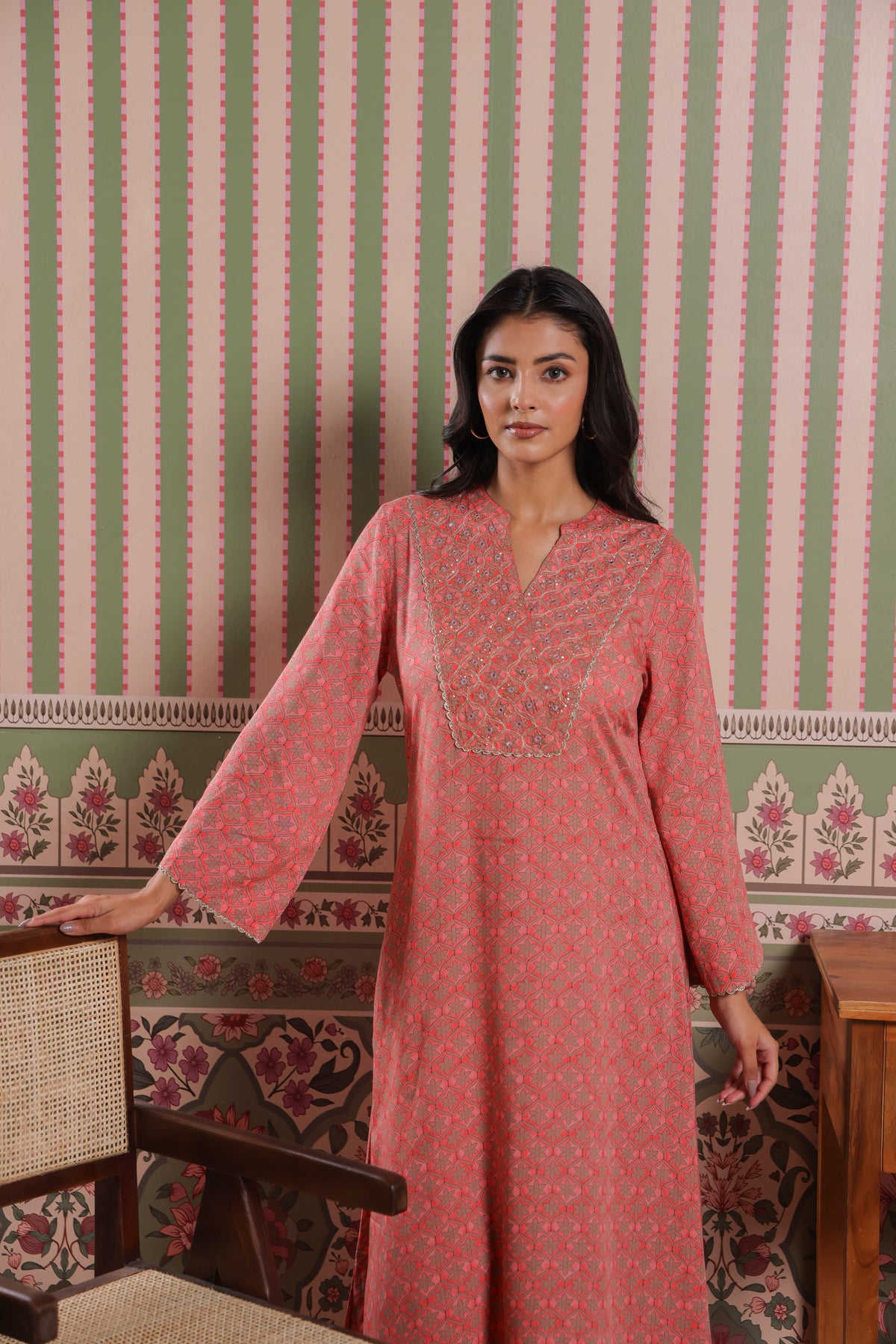 Coral Pink Modal Co-Ord Set with Zari Embroidered Yoke