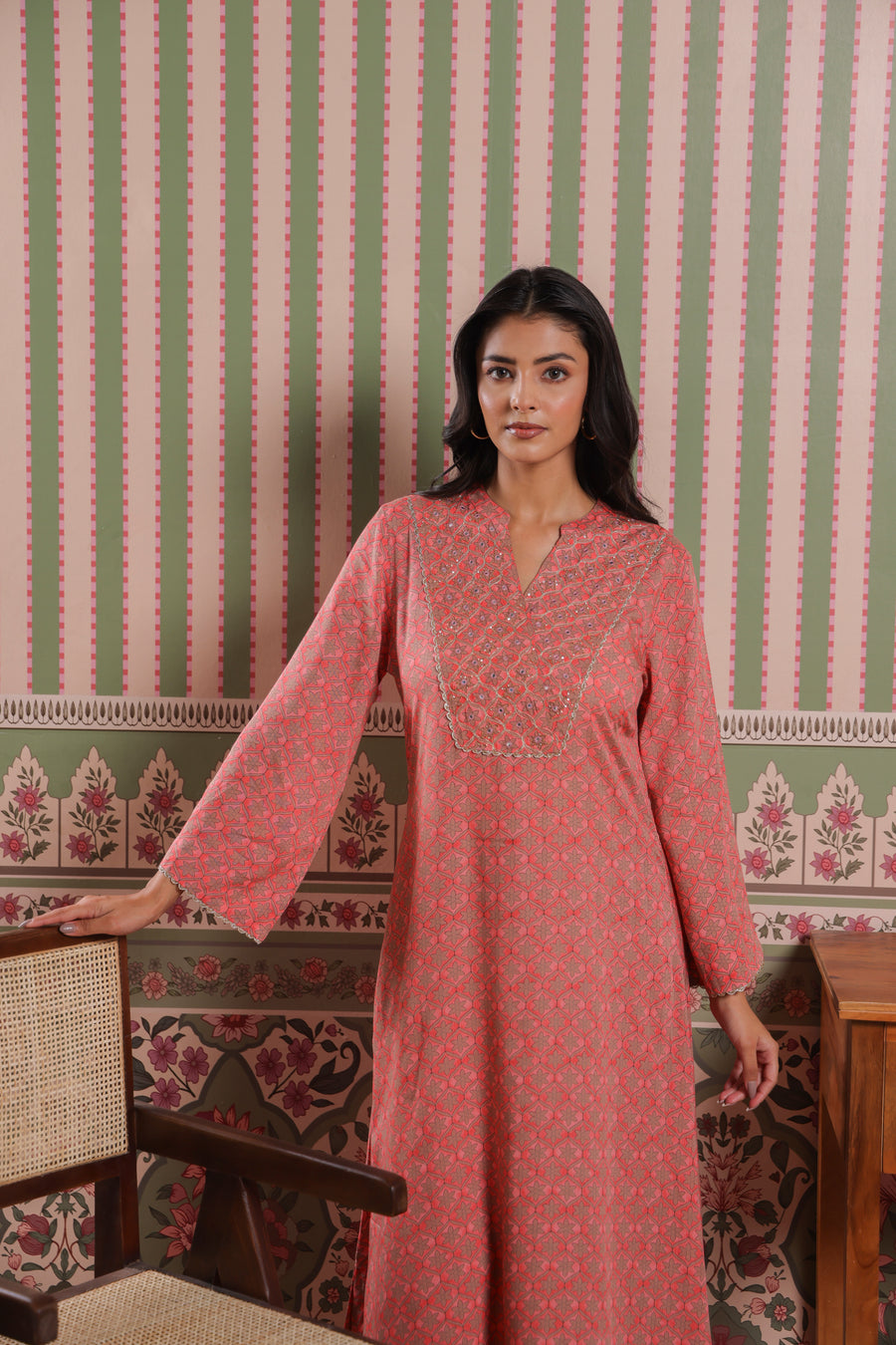 Coral Pink Modal Co-Ord Set with Zari Embroidered Yoke