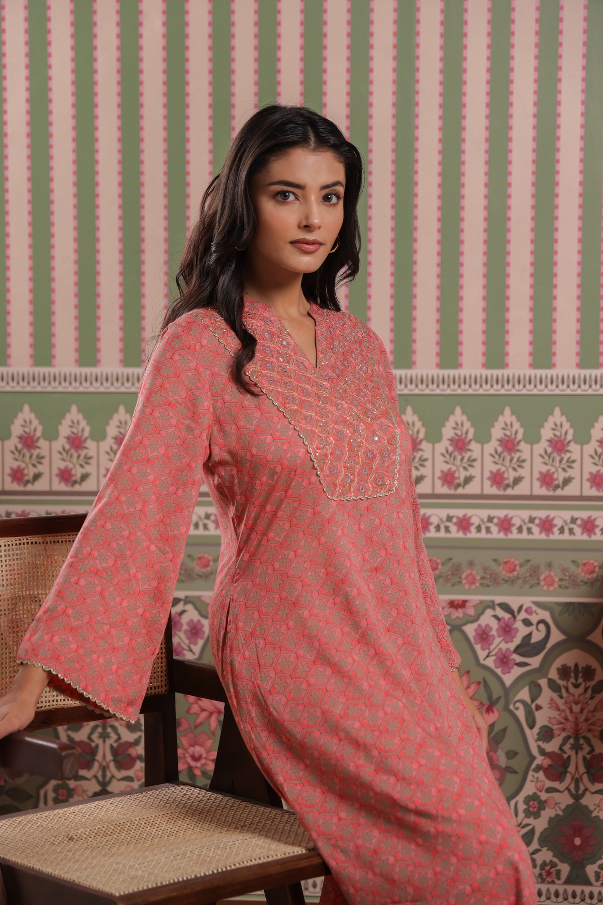 Coral Pink Modal Co-Ord Set with Zari Embroidered Yoke