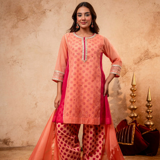 Zari Gota Sequin Work Peach Kota Doria Suit Set with Polka Print Inner & Bottom