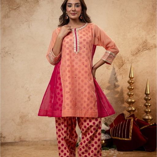Zari Sequin Work Peach Kota Doria Kurta Set with Polka Print Inner & Pant