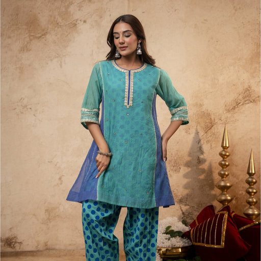 Zari Sequin Work Green-Blue Kota Doria Kurta Set with Polka Print Inner & Salwar