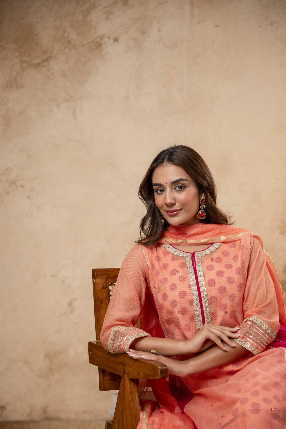 Zari Gota Sequin Work Peach Kota Doria Suit Set with Polka Print Inner & Bottom
