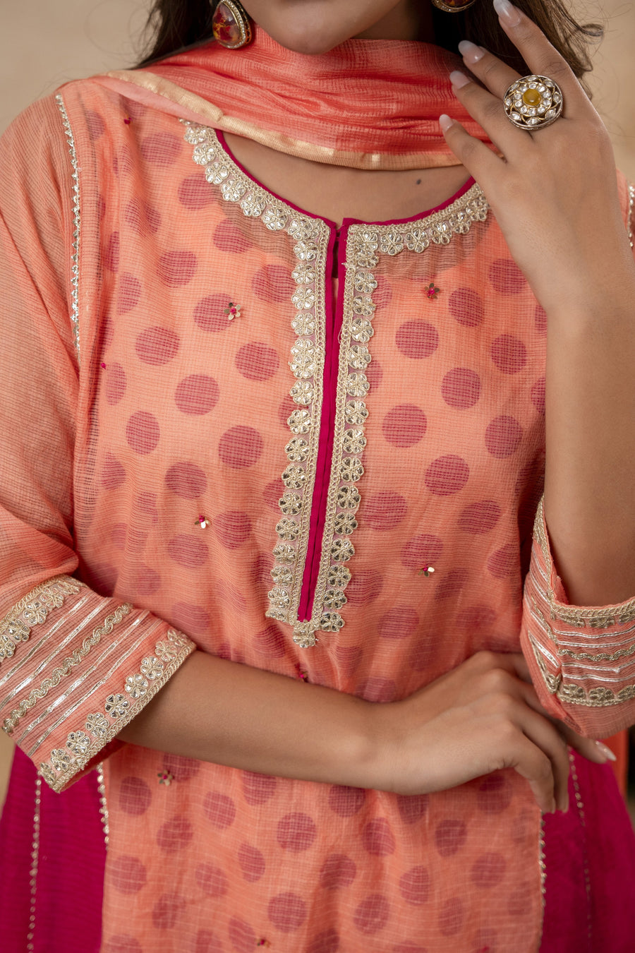Zari Gota Sequin Work Peach Kota Doria Suit Set with Polka Print Inner & Bottom