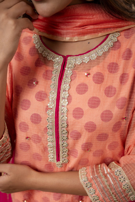 Zari Gota Sequin Work Peach Kota Doria Suit Set with Polka Print Inner & Bottom