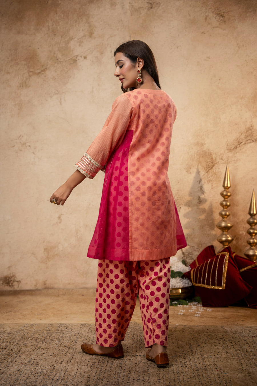 Zari Sequin Work Peach Kota Doria Kurta Set with Polka Print Inner & Pant