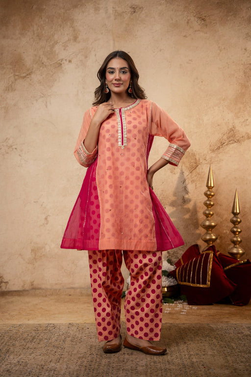 Zari Sequin Work Peach Kota Doria Kurta Set with Polka Print Inner & Pant