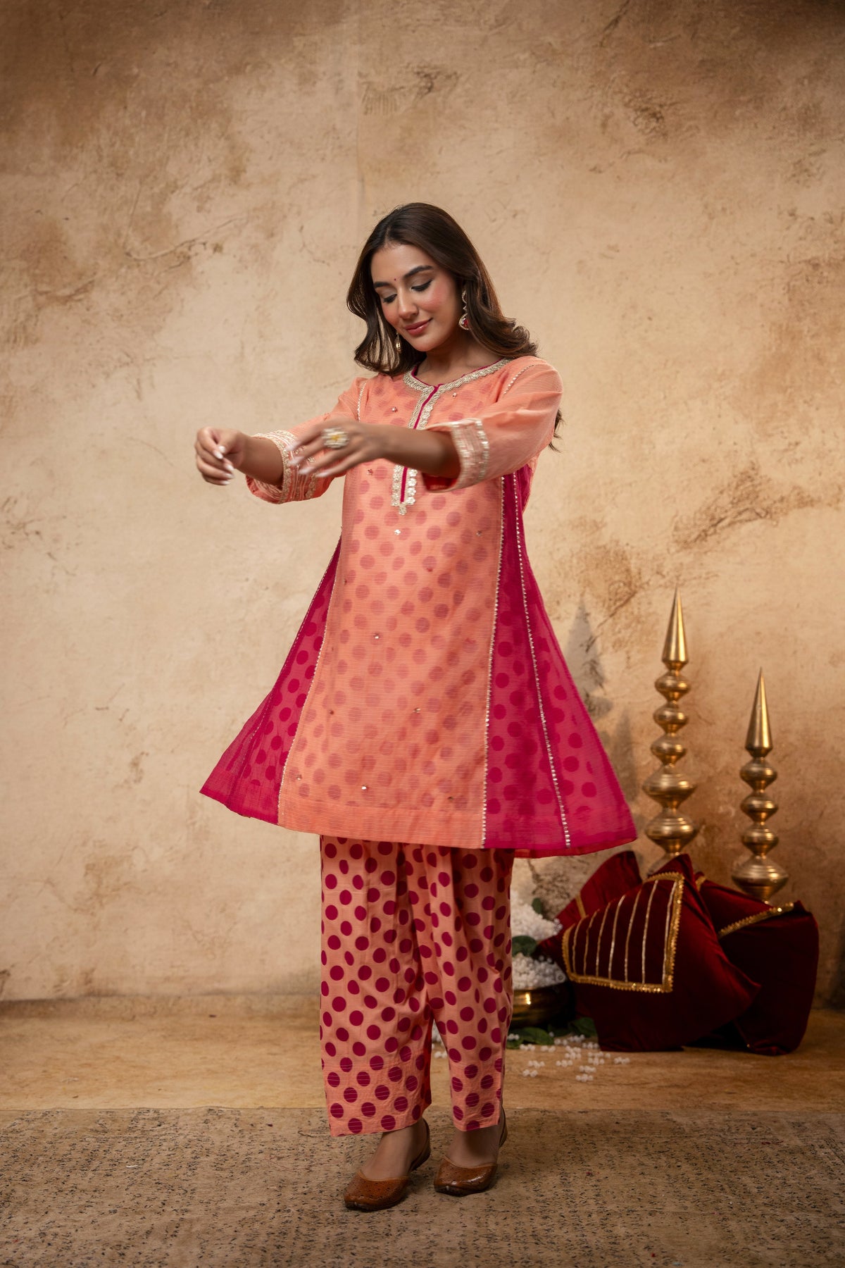 Zari Sequin Work Peach Kota Doria Kurta Set with Polka Print Inner & Pant