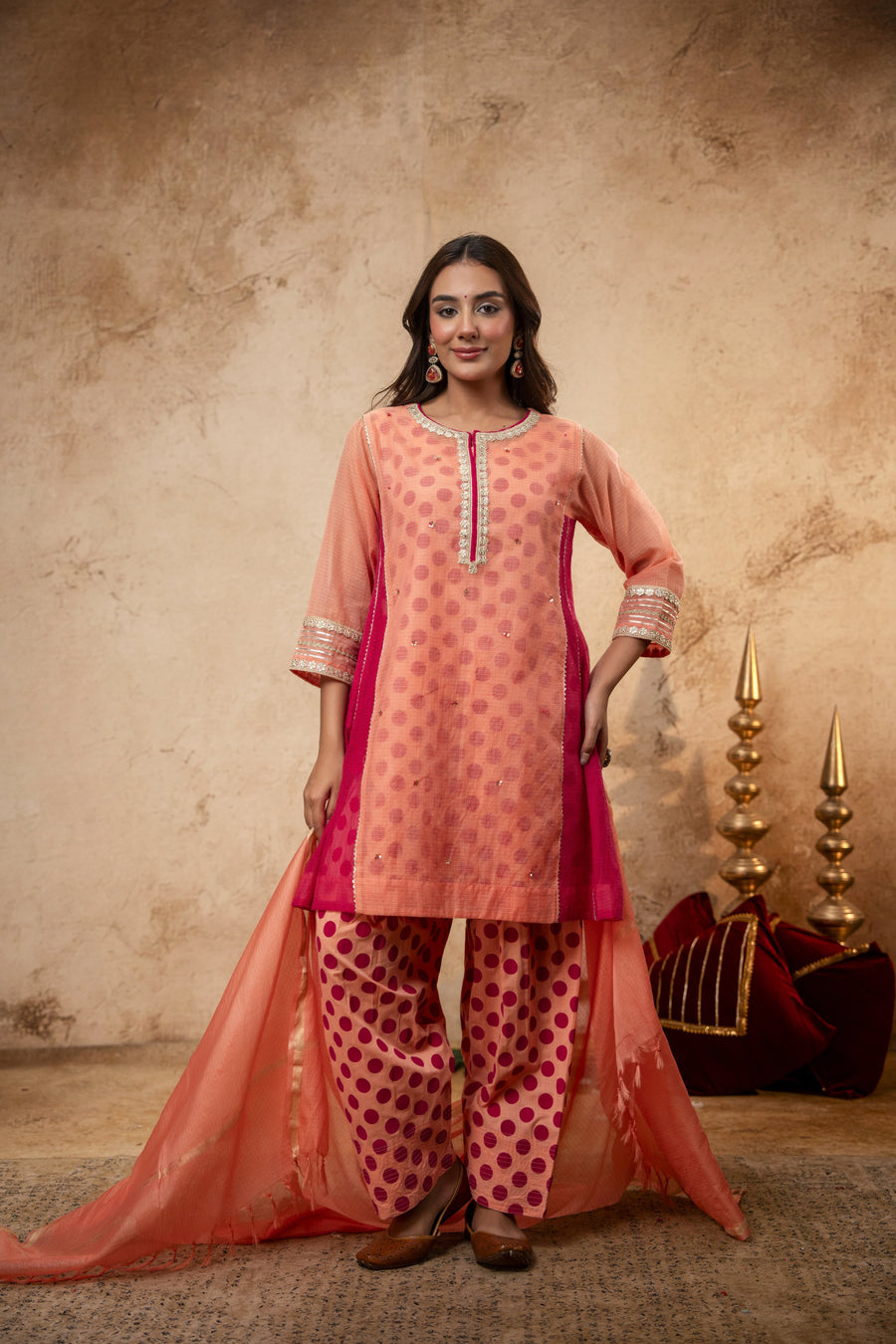 Zari Gota Sequin Work Peach Kota Doria Suit Set with Polka Print Inner & Bottom
