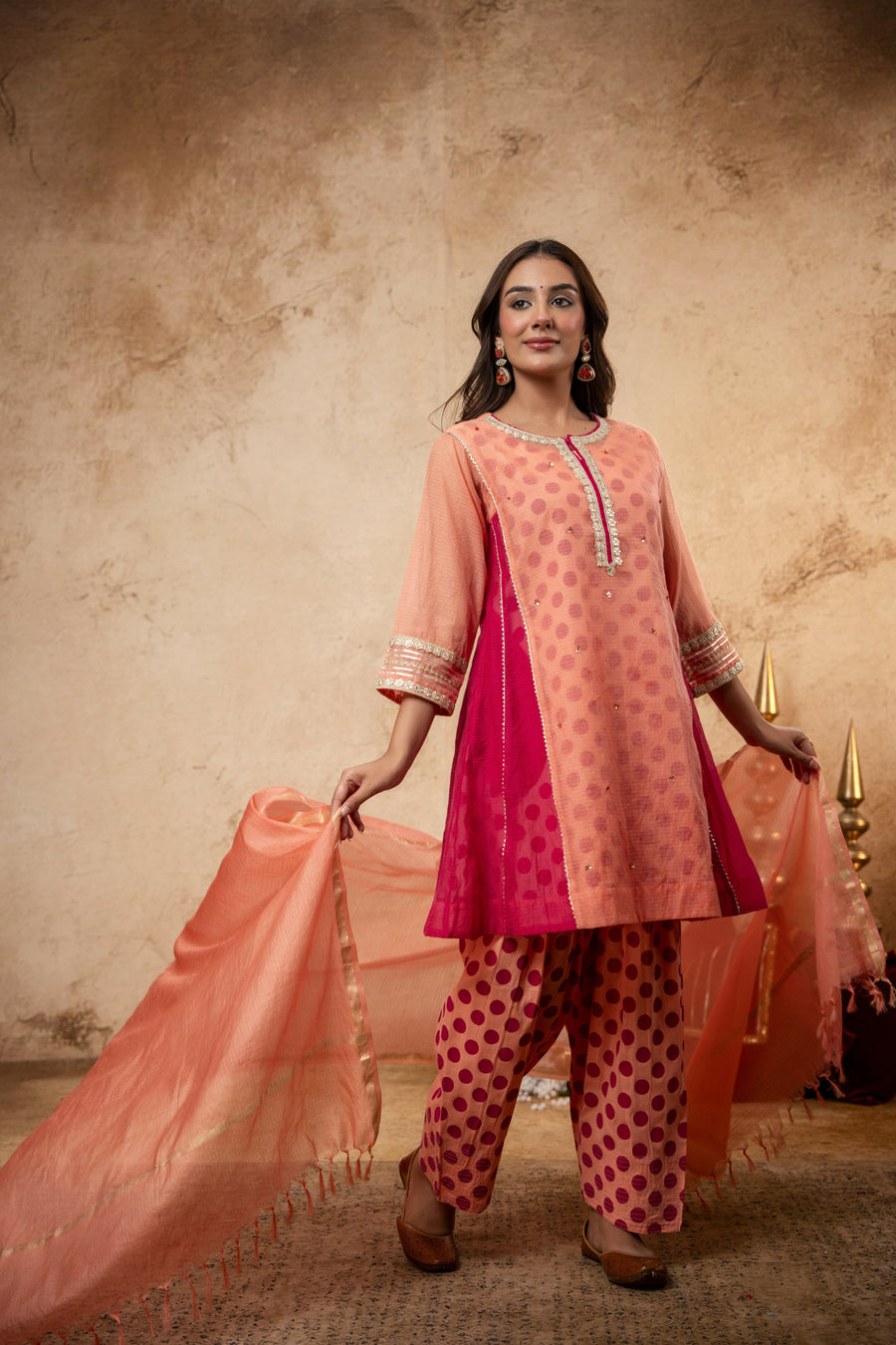Zari Gota Sequin Work Peach Kota Doria Suit Set with Polka Print Inner & Bottom