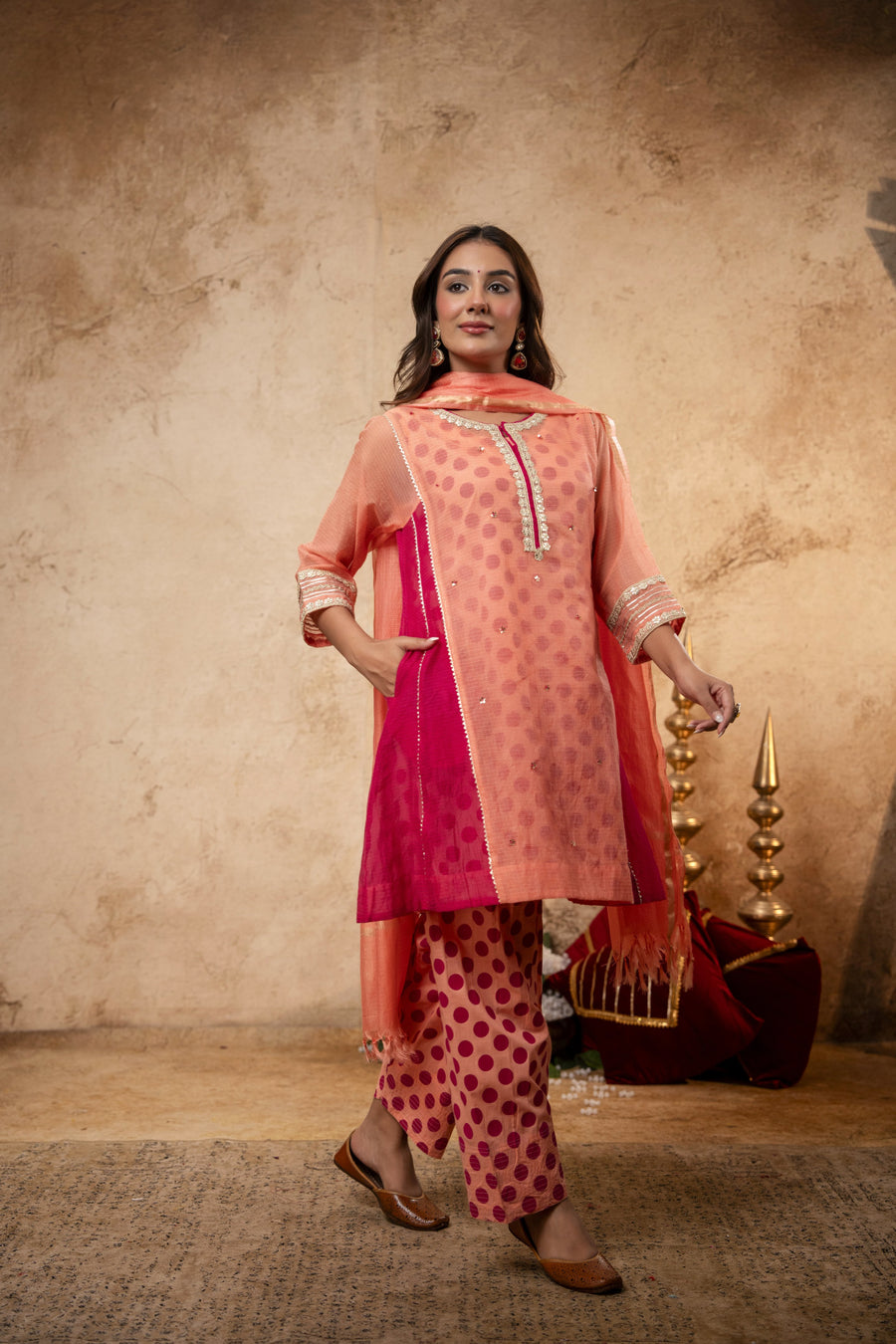 Zari Gota Sequin Work Peach Kota Doria Suit Set with Polka Print Inner & Bottom