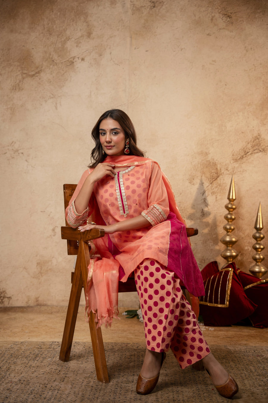 Zari Gota Sequin Work Peach Kota Doria Suit Set with Polka Print Inner & Bottom