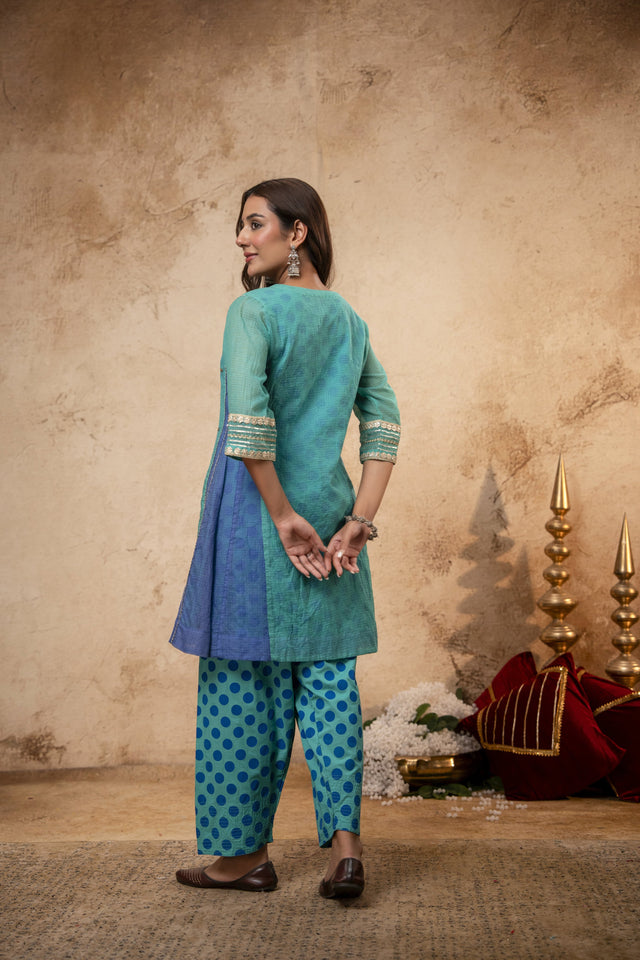 Zari Sequin Work Green-Blue Kota Doria Kurta Set with Polka Print Inner & Salwar