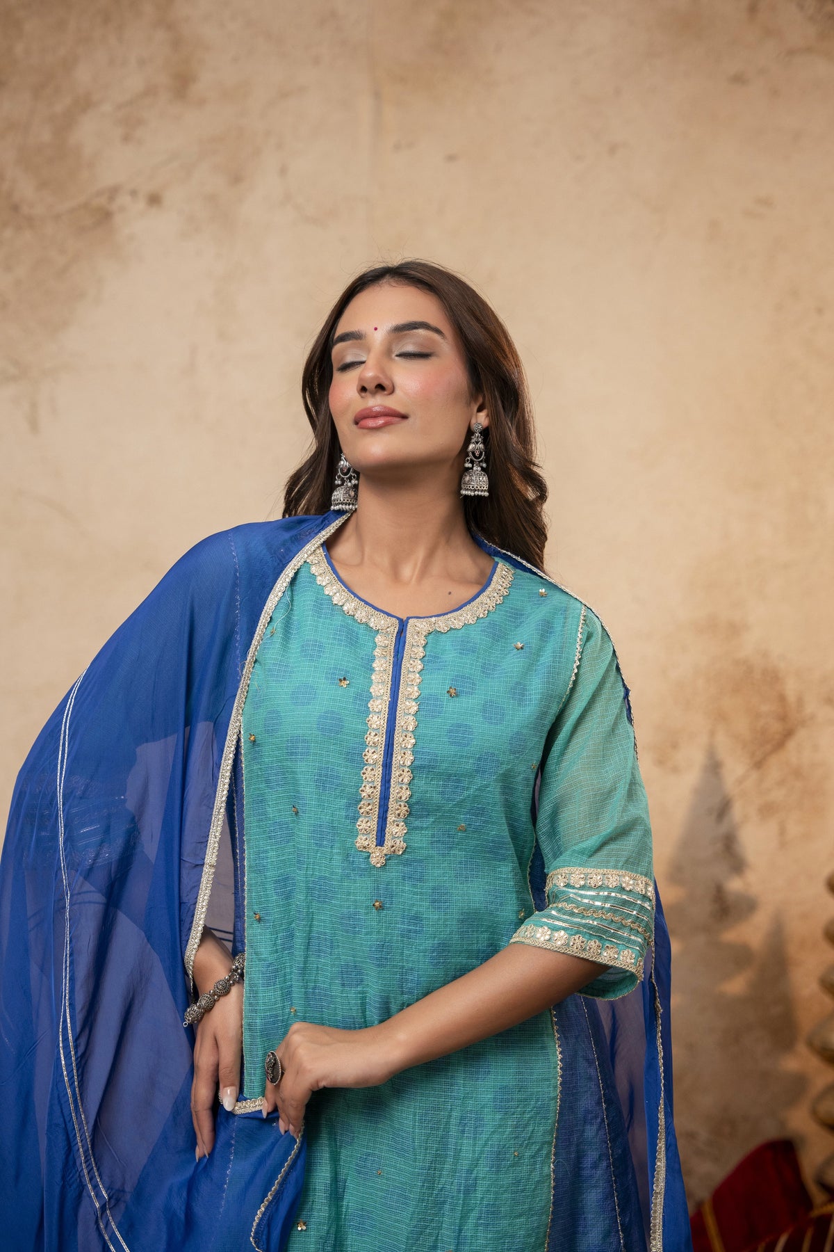 Zari Sequin Work Green-Blue Kota Doria Suit Set with Polka Print Inner & Salwar