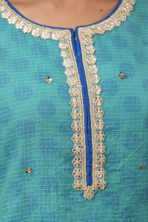 Zari Sequin Work Green-Blue Kota Doria Kurta Set with Polka Print Inner & Salwar