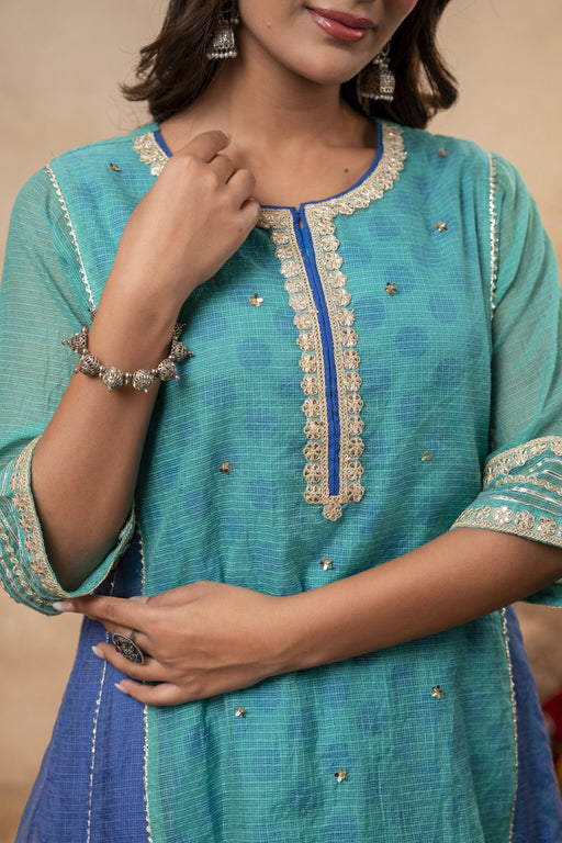 Zari Sequin Work Green-Blue Kota Doria Kurta Set with Polka Print Inner & Salwar