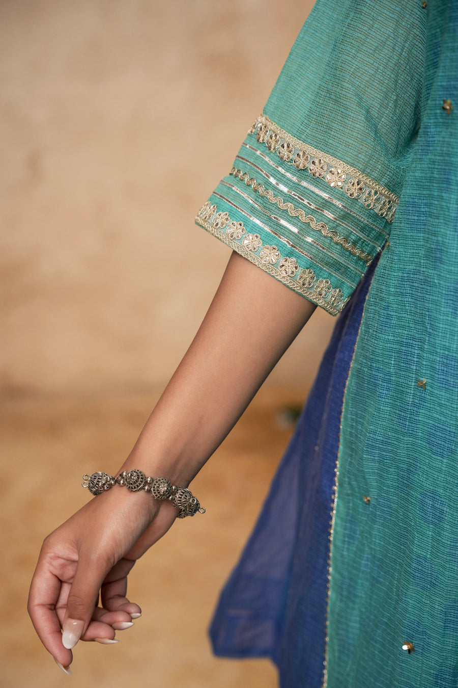Zari Sequin Work Green-Blue Kota Doria Suit Set with Polka Print Inner & Salwar