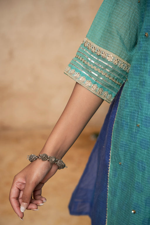 Zari Sequin Work Green-Blue Kota Doria Kurta Set with Polka Print Inner & Salwar