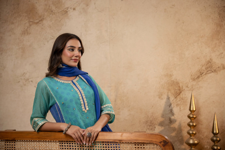 Zari Sequin Work Green-Blue Kota Doria Suit Set with Polka Print Inner & Salwar