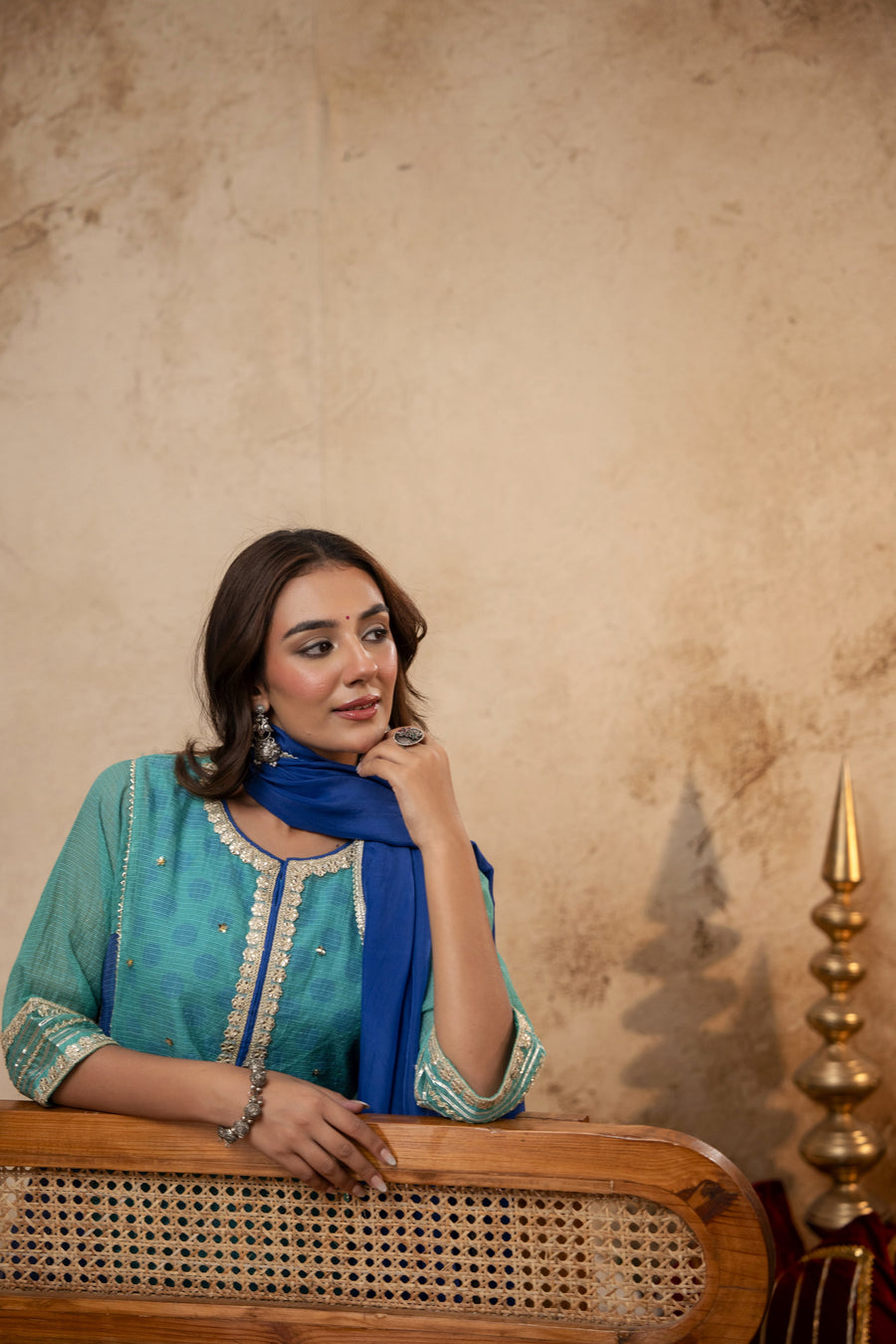 Zari Sequin Work Green-Blue Kota Doria Suit Set with Polka Print Inner & Salwar
