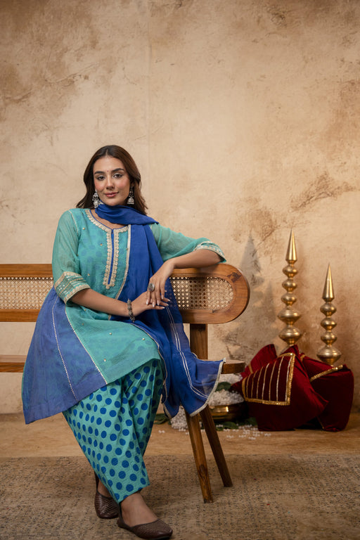 Zari Sequin Work Green-Blue Kota Doria Suit Set with Polka Print Inner & Salwar