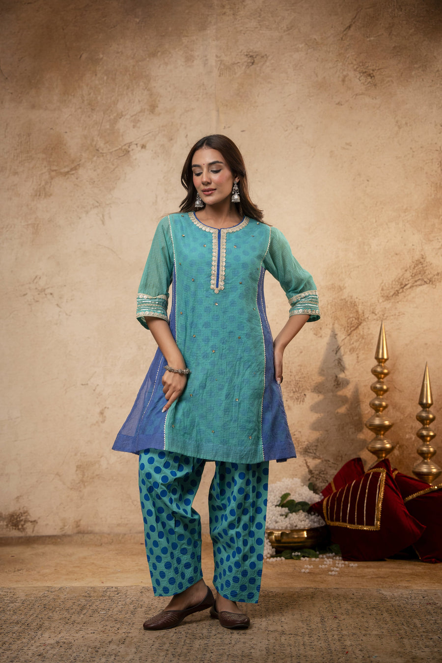 Zari Sequin Work Green-Blue Kota Doria Kurta Set with Polka Print Inner & Salwar